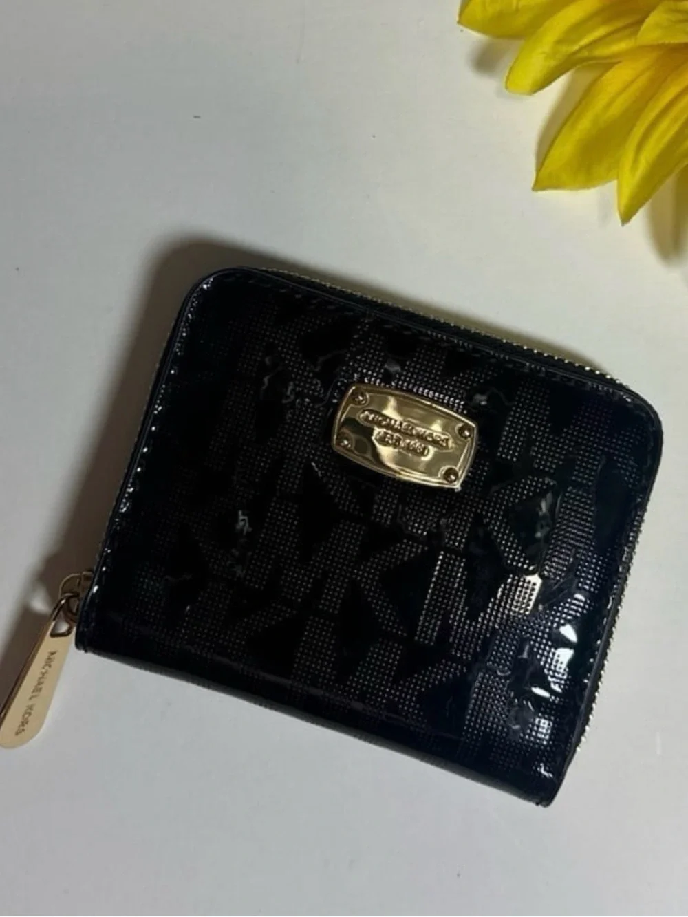 Michael Kors Black Patent Zip Around Card Holder with Gold Plate
